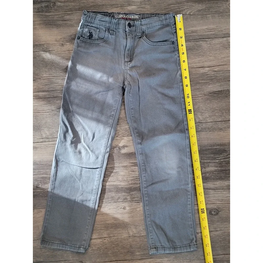 US Polo Assn Boys Grey Straight Leg Jeans Size 7 Elastic Waist Stretch 12CD68
